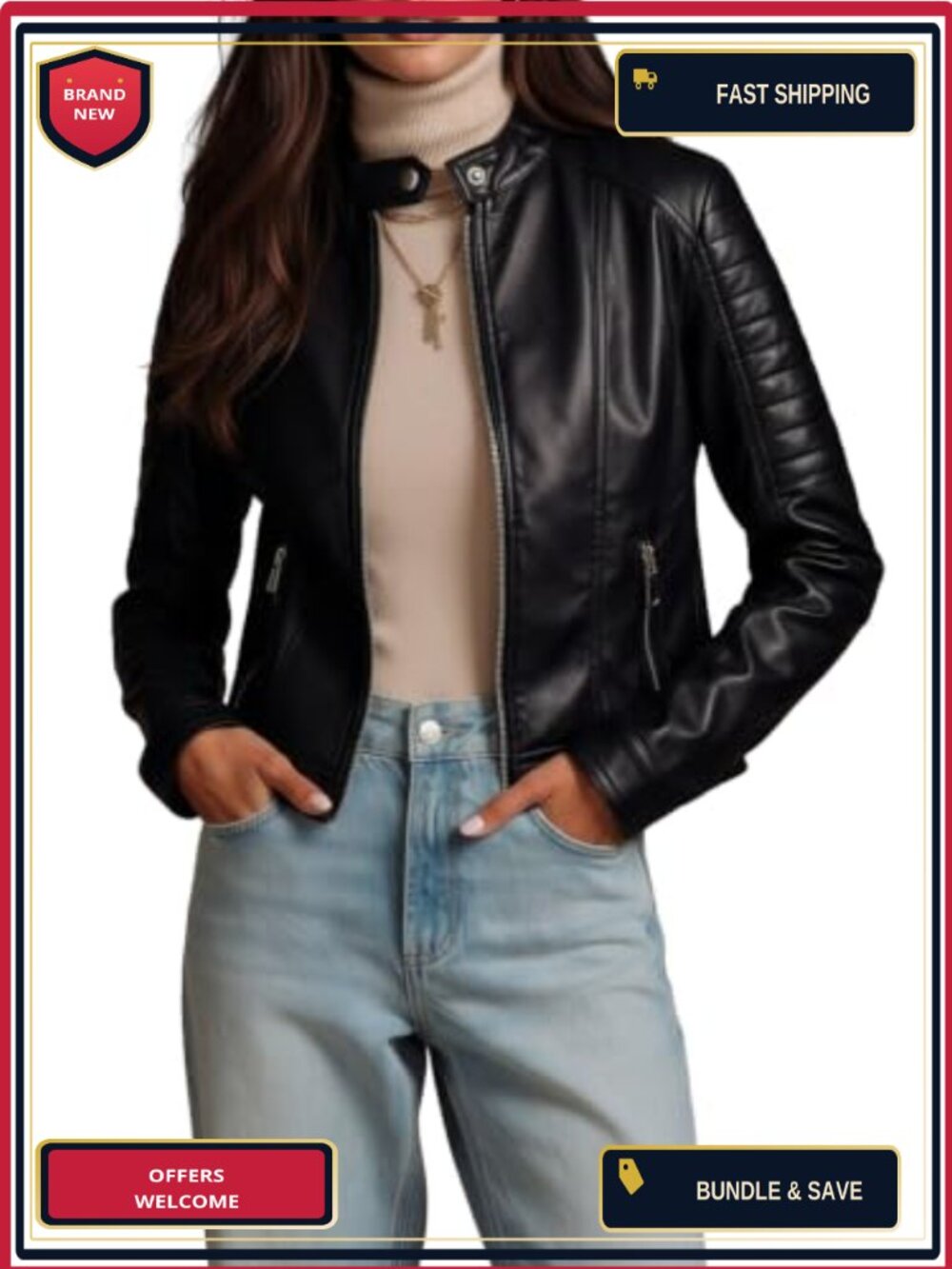 Women's Faux Leather Motorcycle Jacket Stand Collar Water Resistant
